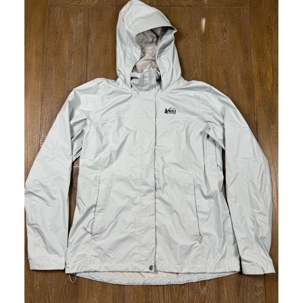 REI Co-op Women's Rain Jacket Medium Ice Blue Hooded Windbreaker 3149
